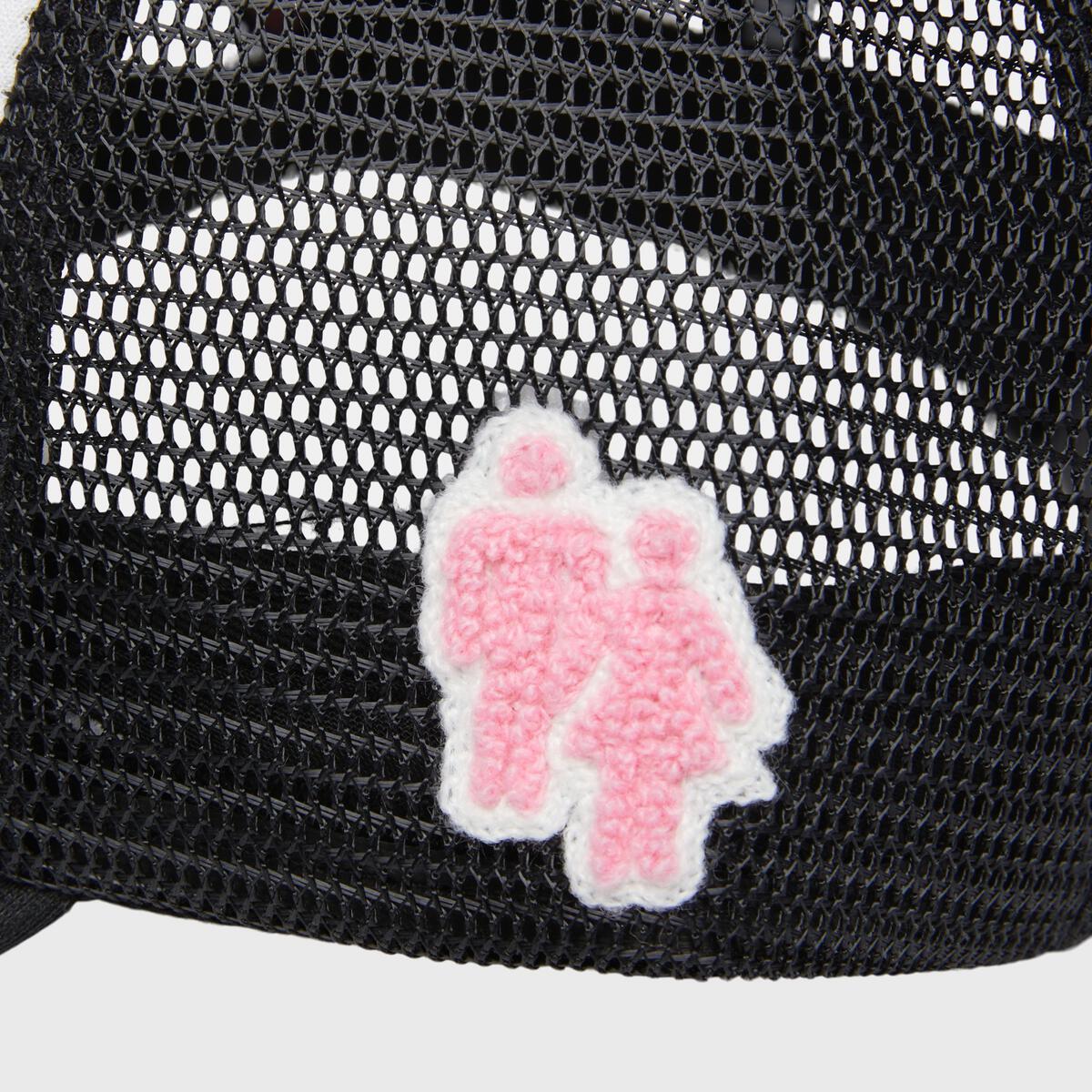 Men and women’s trucker cap showcasing the Beverly Hills patch, colorful diamond, and logos on panels in black and white