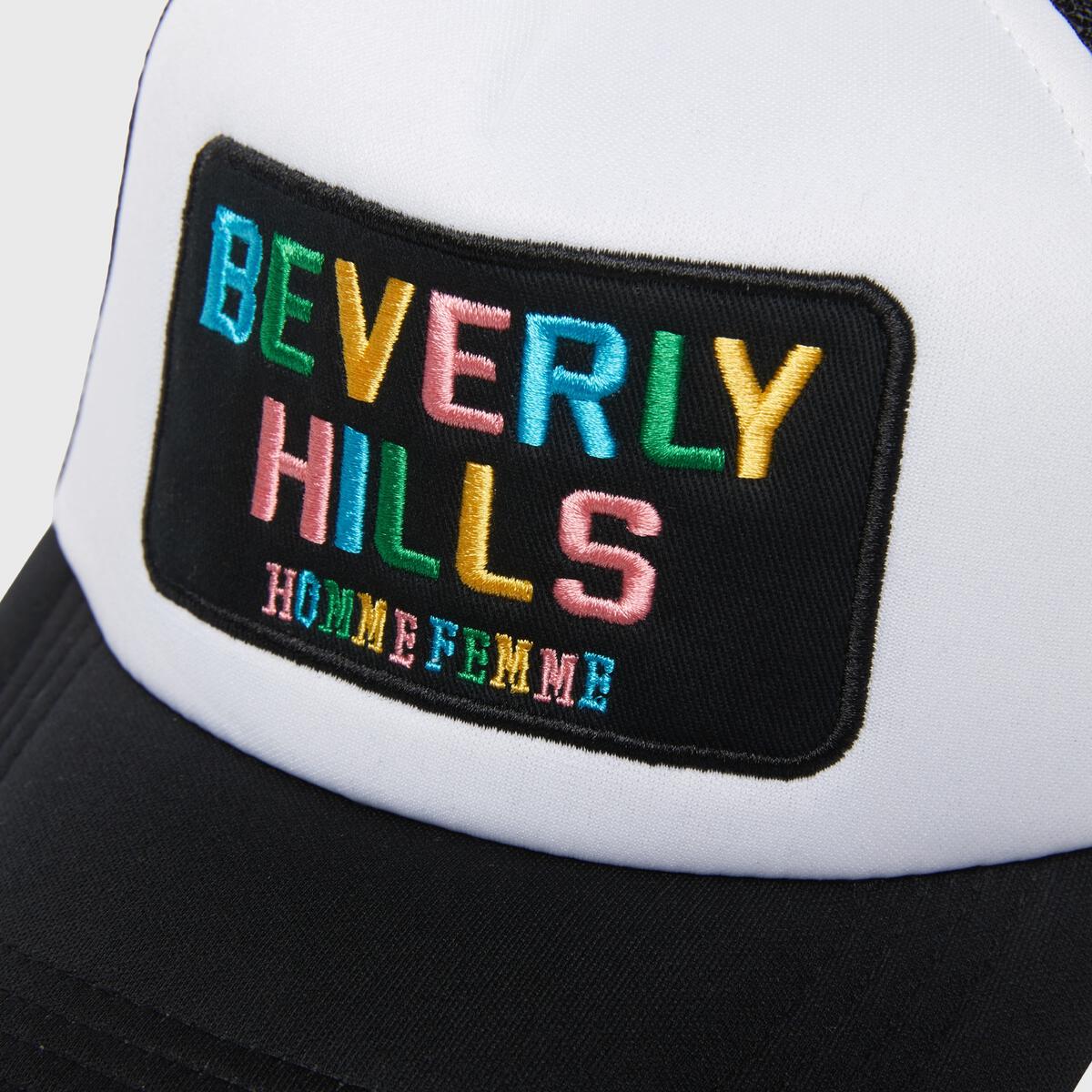 Black and white Beverly Hills branded trucker cap with diamond detail on right side and logos for men and women on left panel