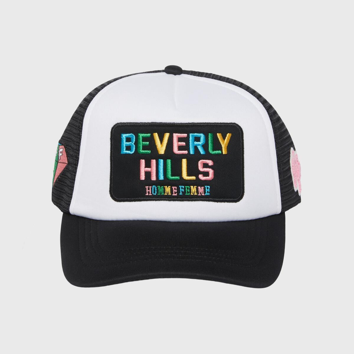 Classic Beverly Hills trucker hat in black and white featuring a front patch, colorful diamond detail, and logos on side panels