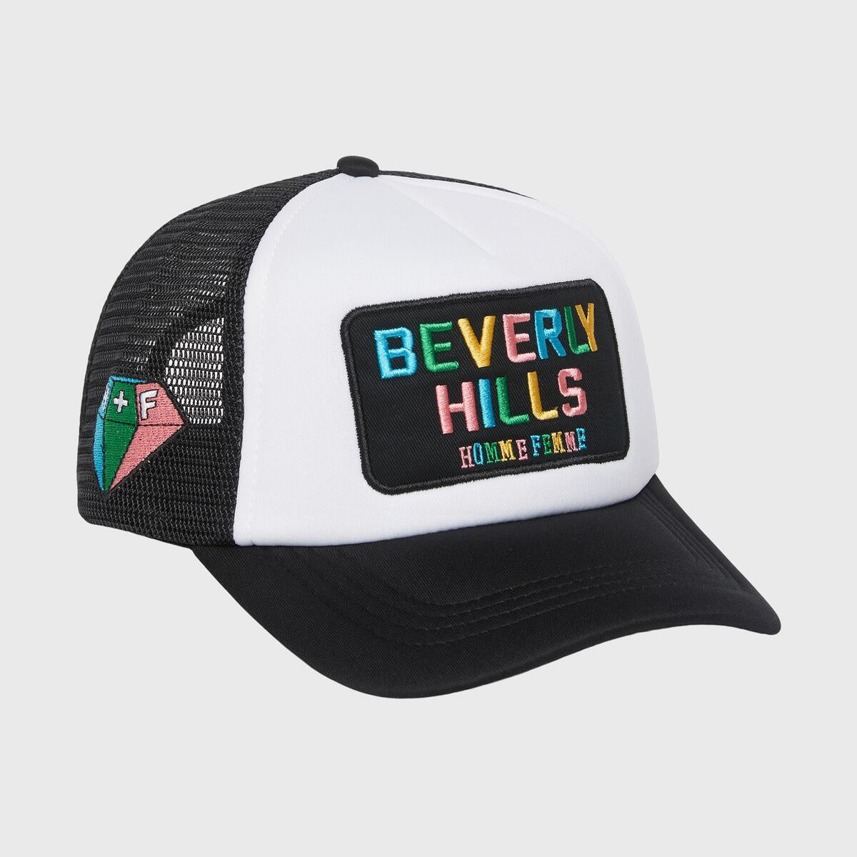 Classic black and white trucker hat featuring a Beverly Hills patch and colorful diamond design