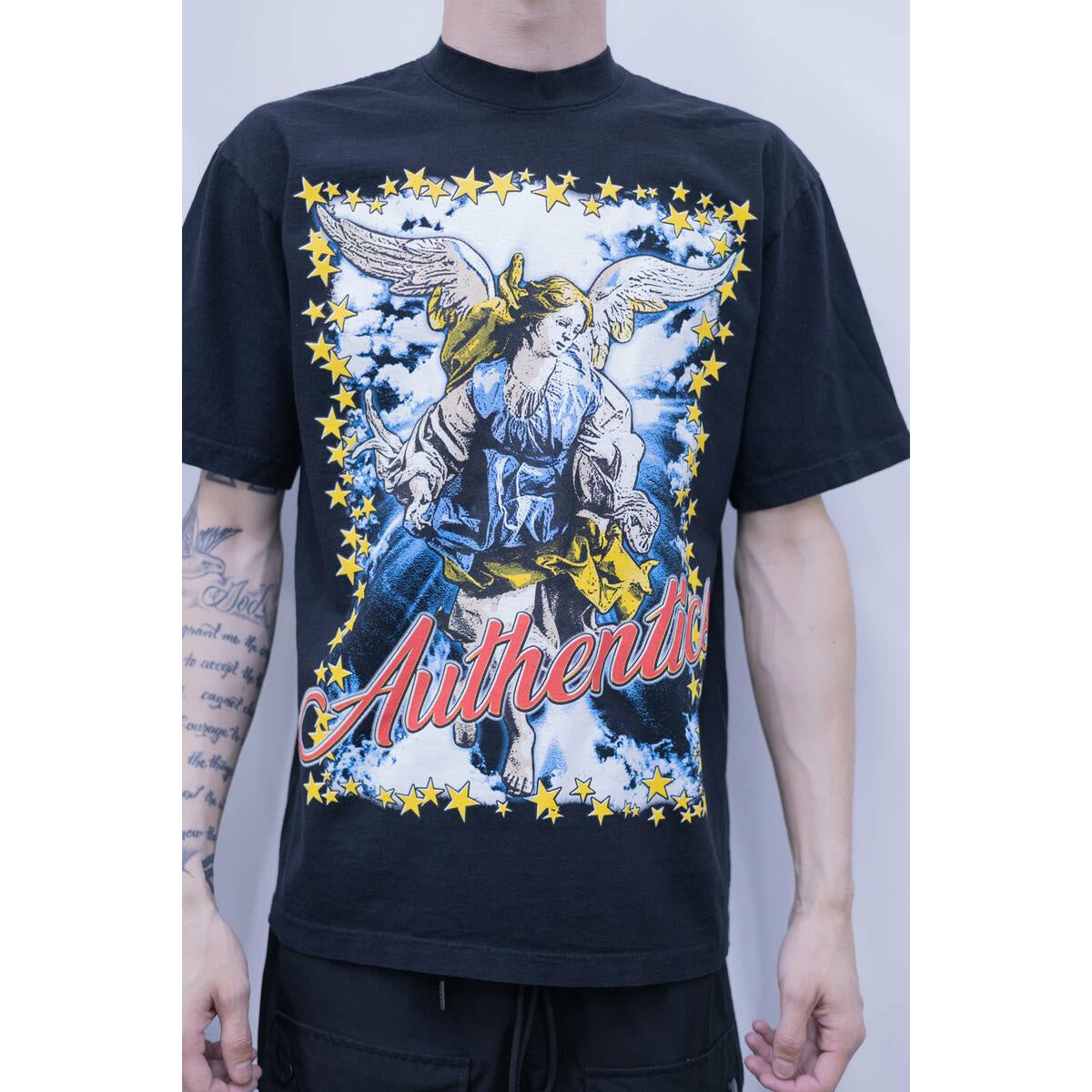 Black tee featuring a stunning stained glass angel design - Authentics Stained Glass Angel Tee