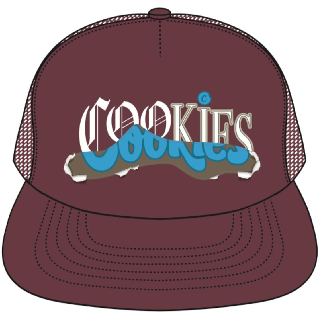 Stylish and trendy Cookies Upper Echelon Burgundy Trucker Hat with adjustable strap