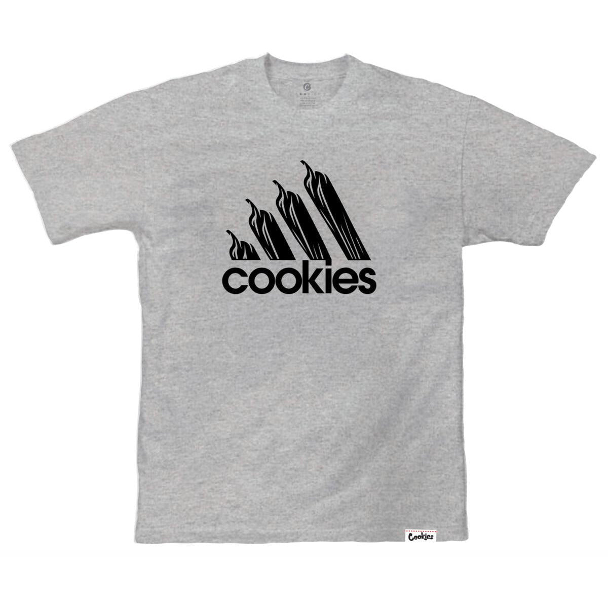 Close-up of the Cookies logo on the There's Levels To This SHHHHH Heather Grey Tee, showcasing the unique and eye-catching design