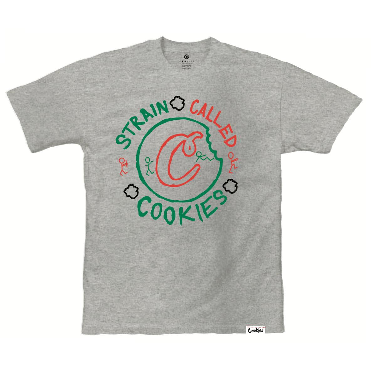 Close-up of a heather grey tee featuring the Cookies strain logo