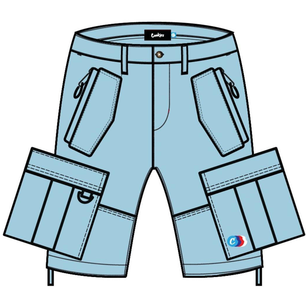 Side view of Cookies Back To Back Herringbone Powder Blue Cargo Shorts showcasing the high-quality fabric and comfortable fit for everyday wear