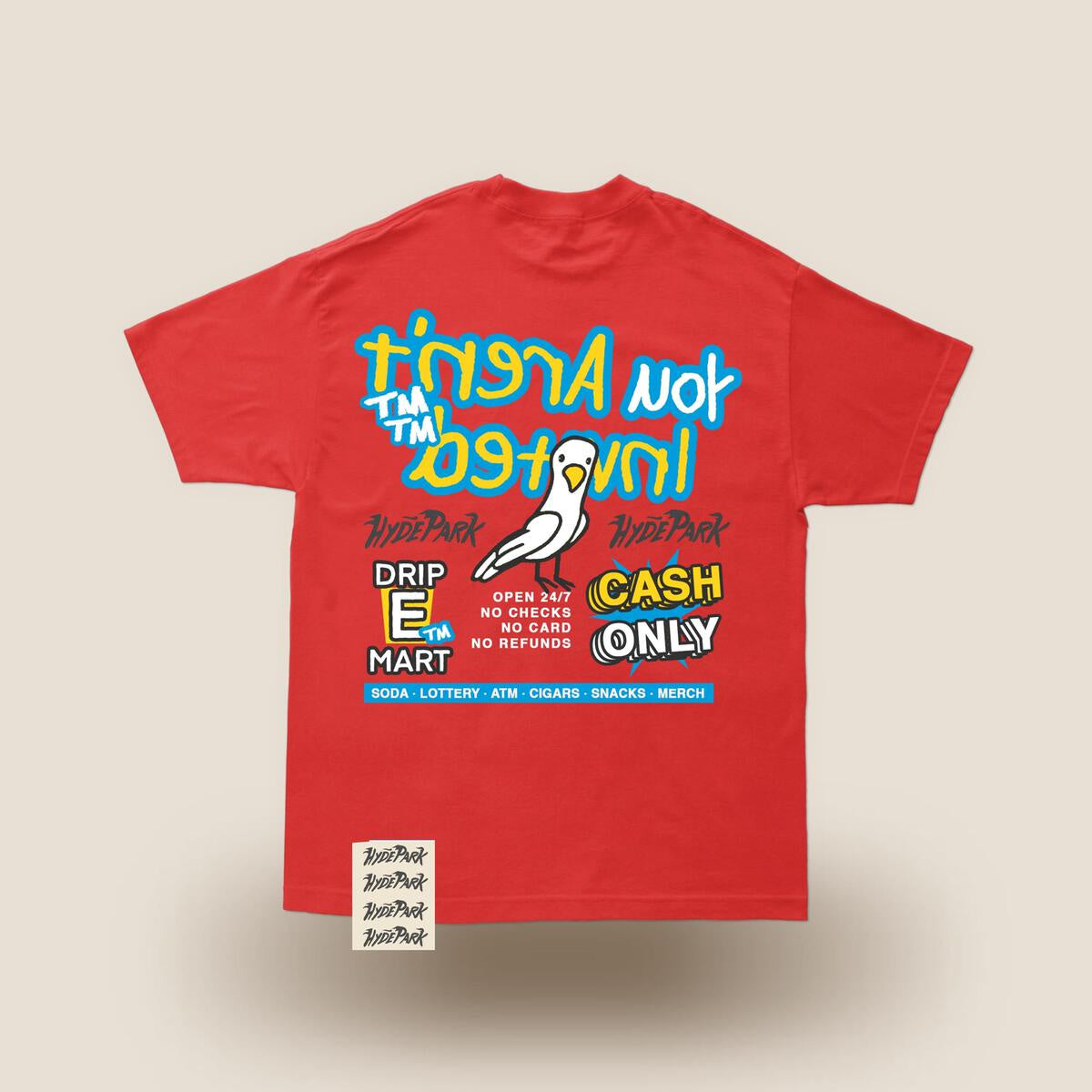 Hyde Park 'Cash Only' Red Tee: Short-sleeved cotton t-shirt with bold red color, featuring 'Cash Only' graphic text design