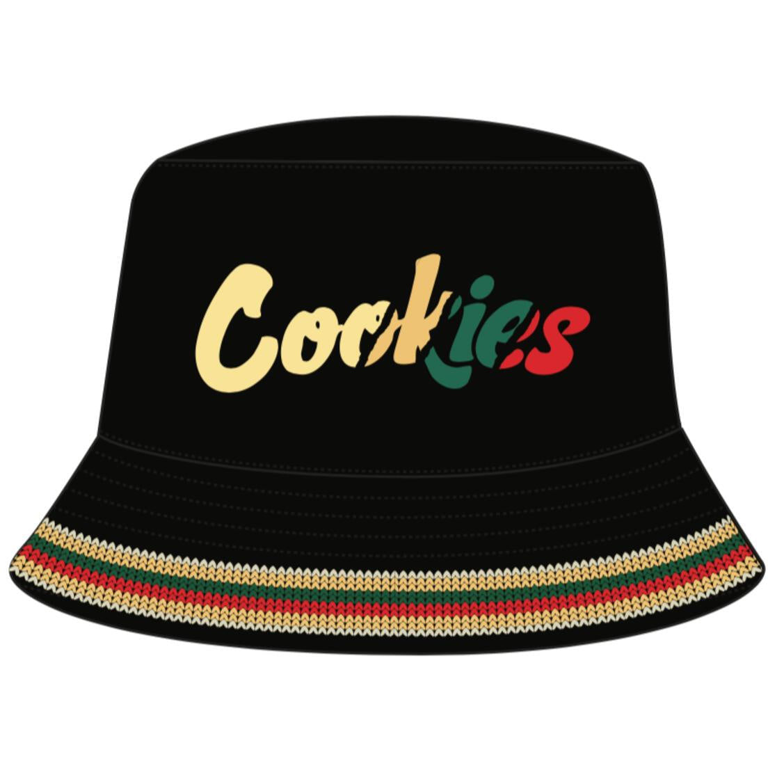 Stylish model wearing Cookies Montego Bay Cotton Black Bucket Hat with adjustable chin strap and breathable fabric