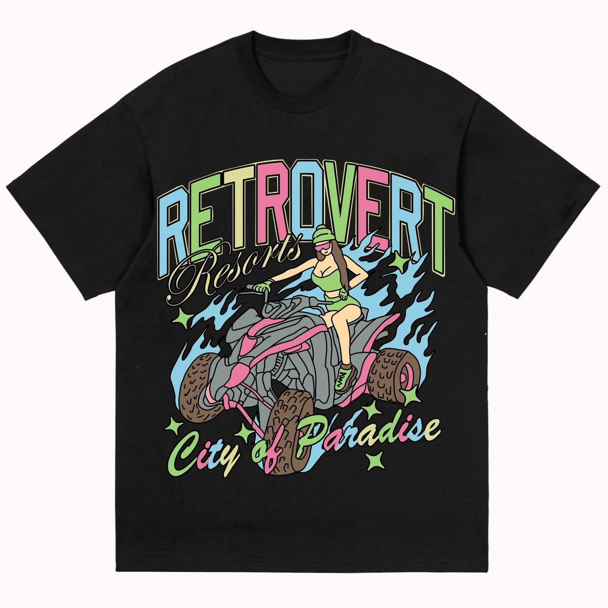 Retrovert Paradise Black Tee, a classic black t-shirt with vintage-inspired graphic print of a tropical paradise, perfect for casual and laid-back style