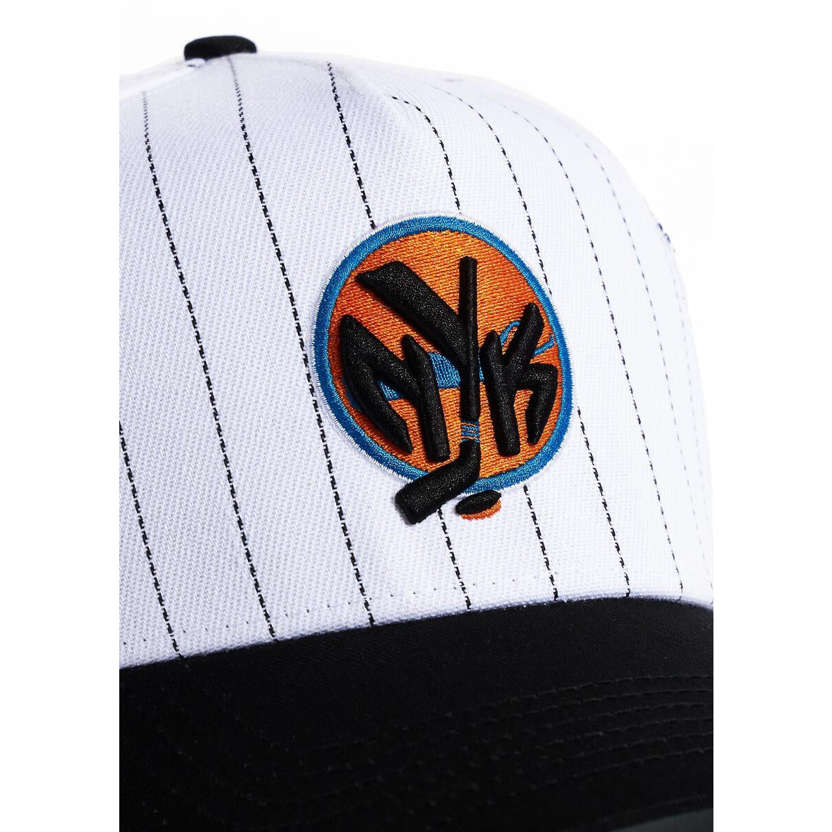 White pinstripe snapback hat with Islandbockers logo embroidered on front