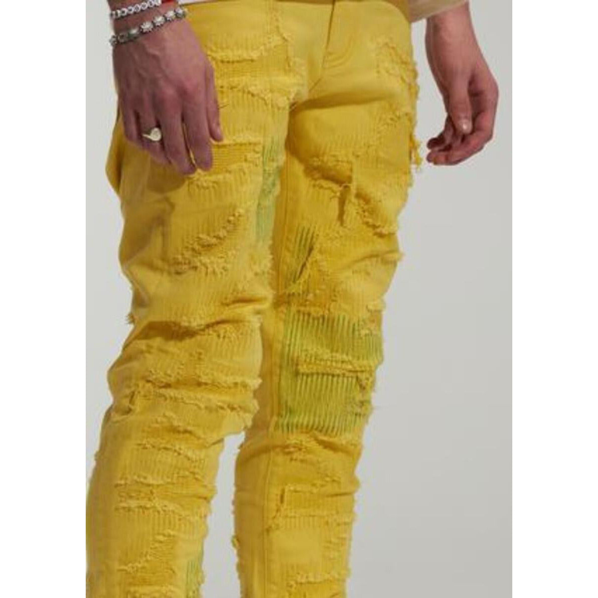 Embellish Marvin Yellow Denim Jeans (EMBSP222-119) shown on a model in a street-style fashion look