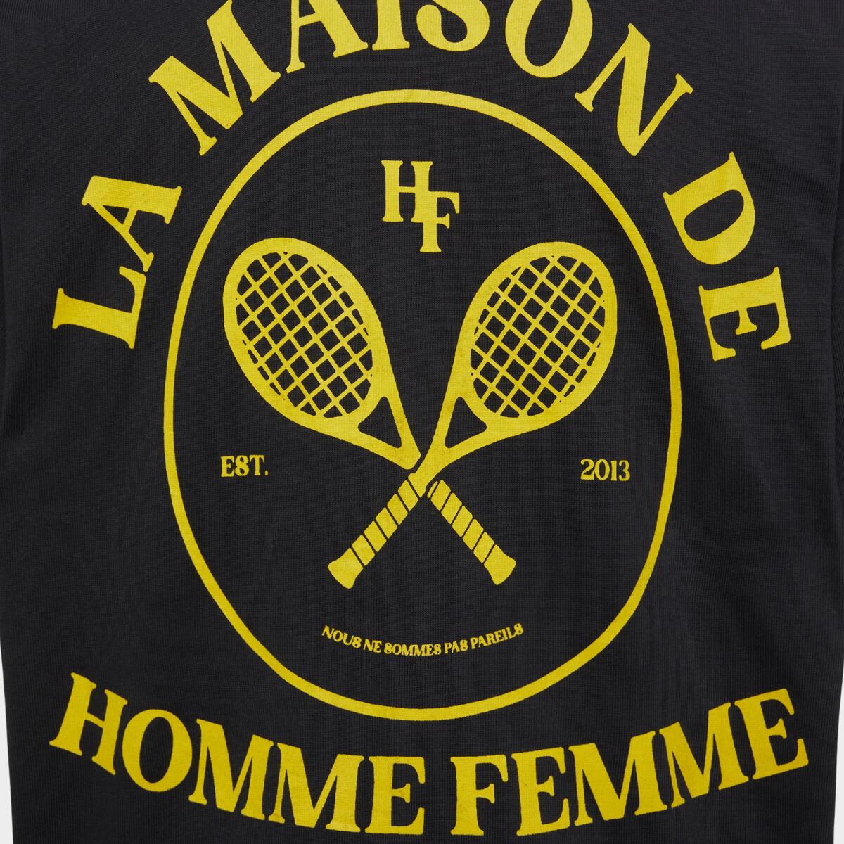 Fashionable Homme + Femme Embroidery Tennis Crest Tee - Black shirt with embroidered tennis crest