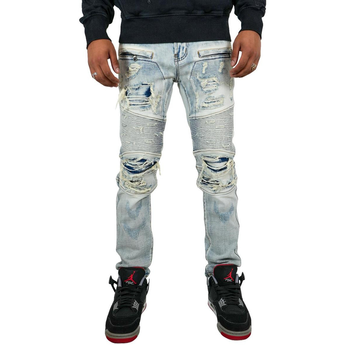 Back view of PREME Male Indigo Biker Jeans (PR-WB-174) showcasing the pocket details and distressed finish