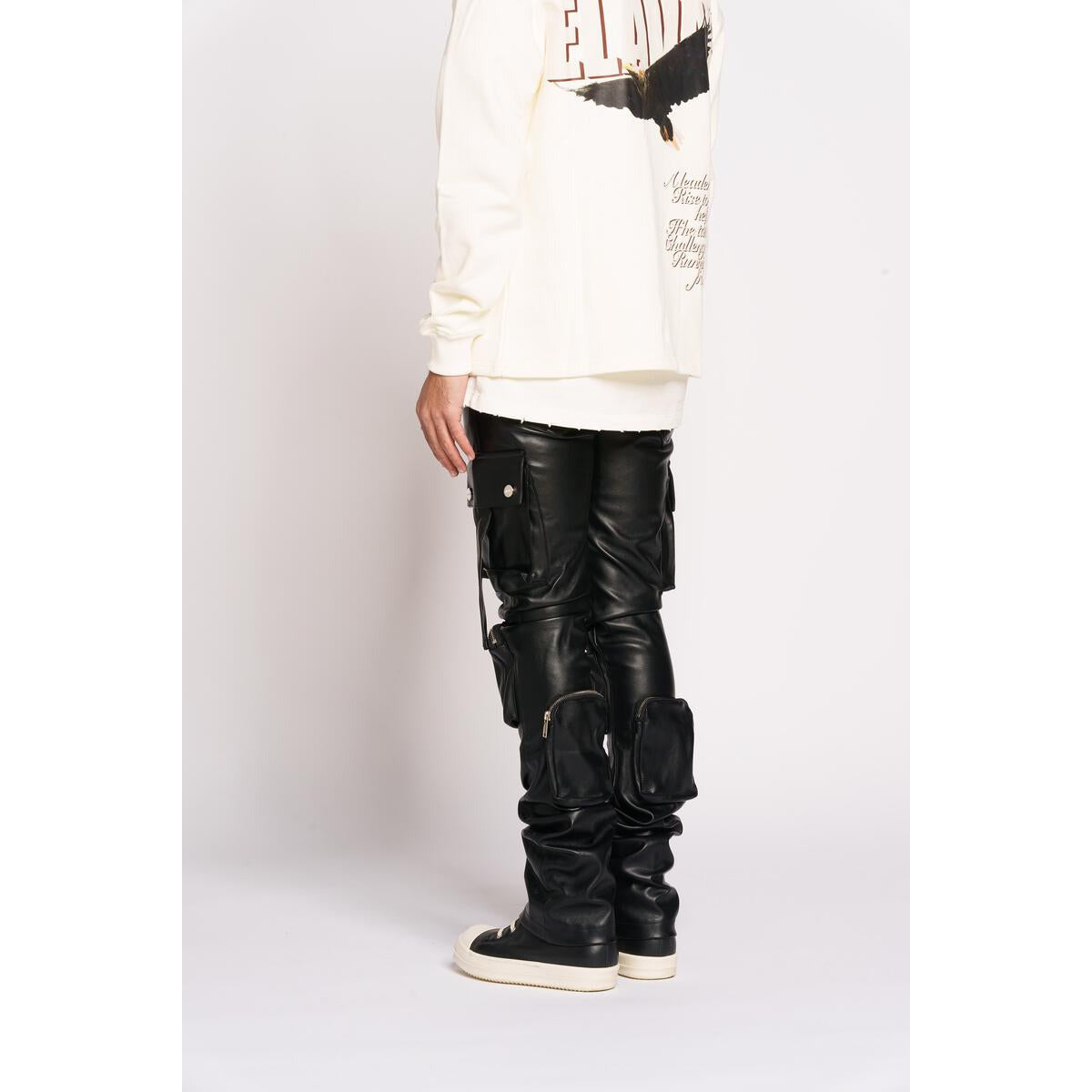 Black Cargo Flare Stack Leather pants by PHEELINGS, featuring the signature 'Never Look Back' design