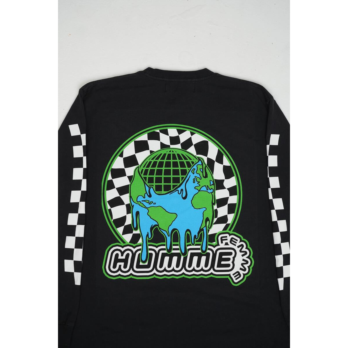 Model wearing Homme + Femme HF Global Long Sleeve Tee in Charcoal, showcasing the fit and style