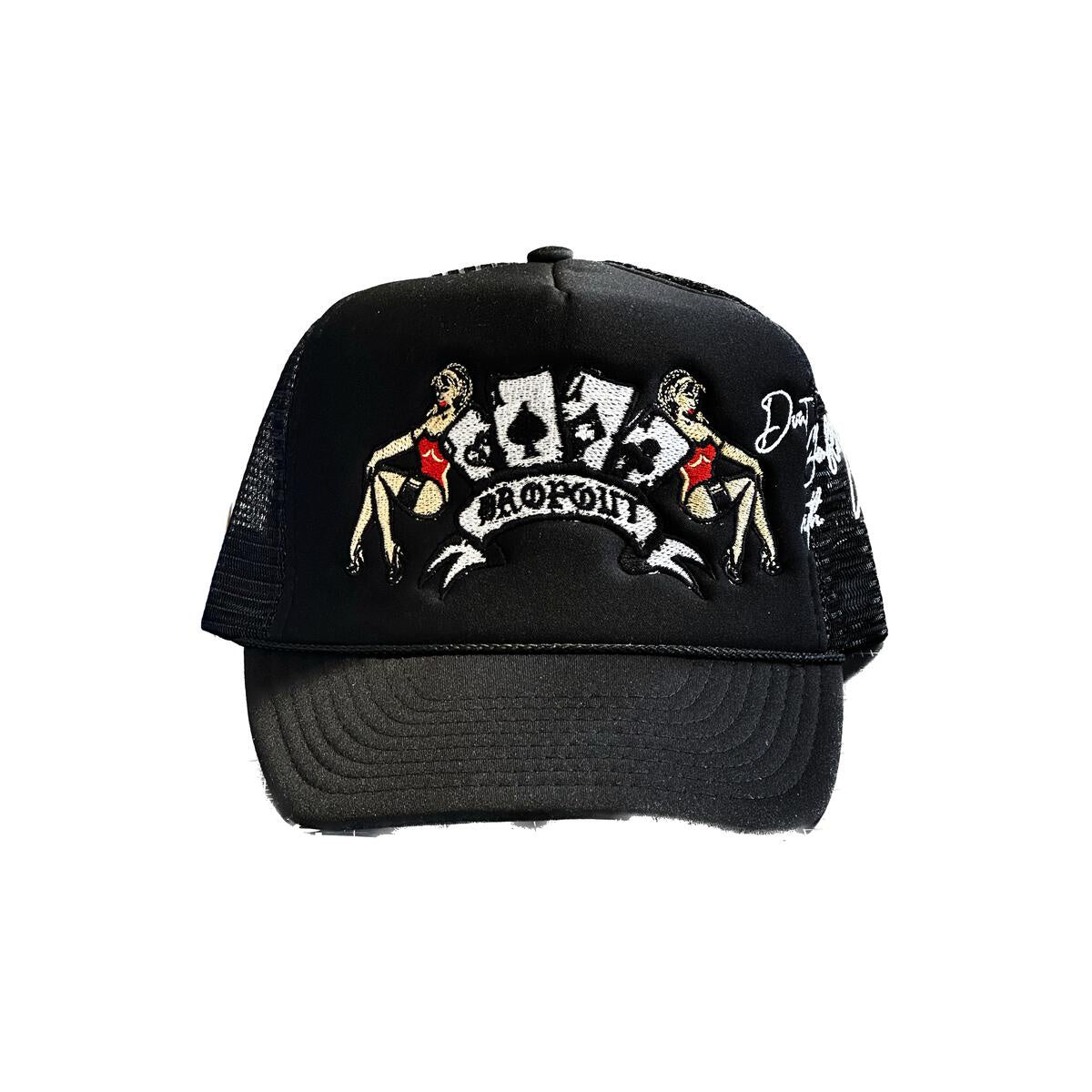 Black Trucker Hat with Drop Out Vegas 20 design, perfect for casual wear and outdoor activities