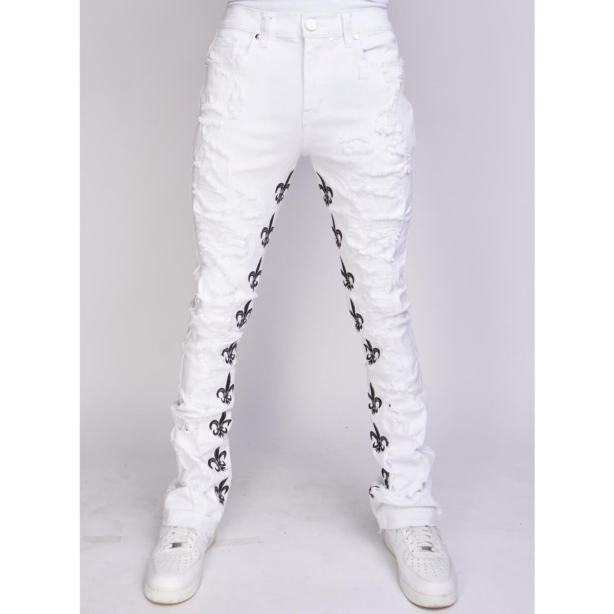 White and black Politics Jeans with stacked embroidery featuring signature Barkley503 design