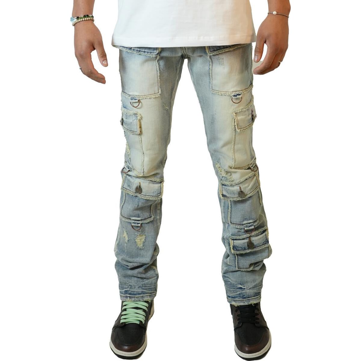 PREME Indigo Ripped Cargo Denim Jeans (PR-WB-1233) - Trendy distressed cargo denim with a stylish indigo wash