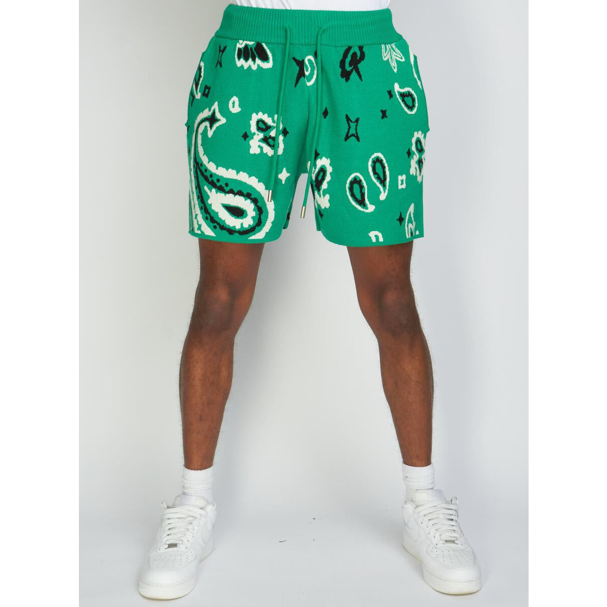 Green paisley knit shorts with a comfortable and stylish design