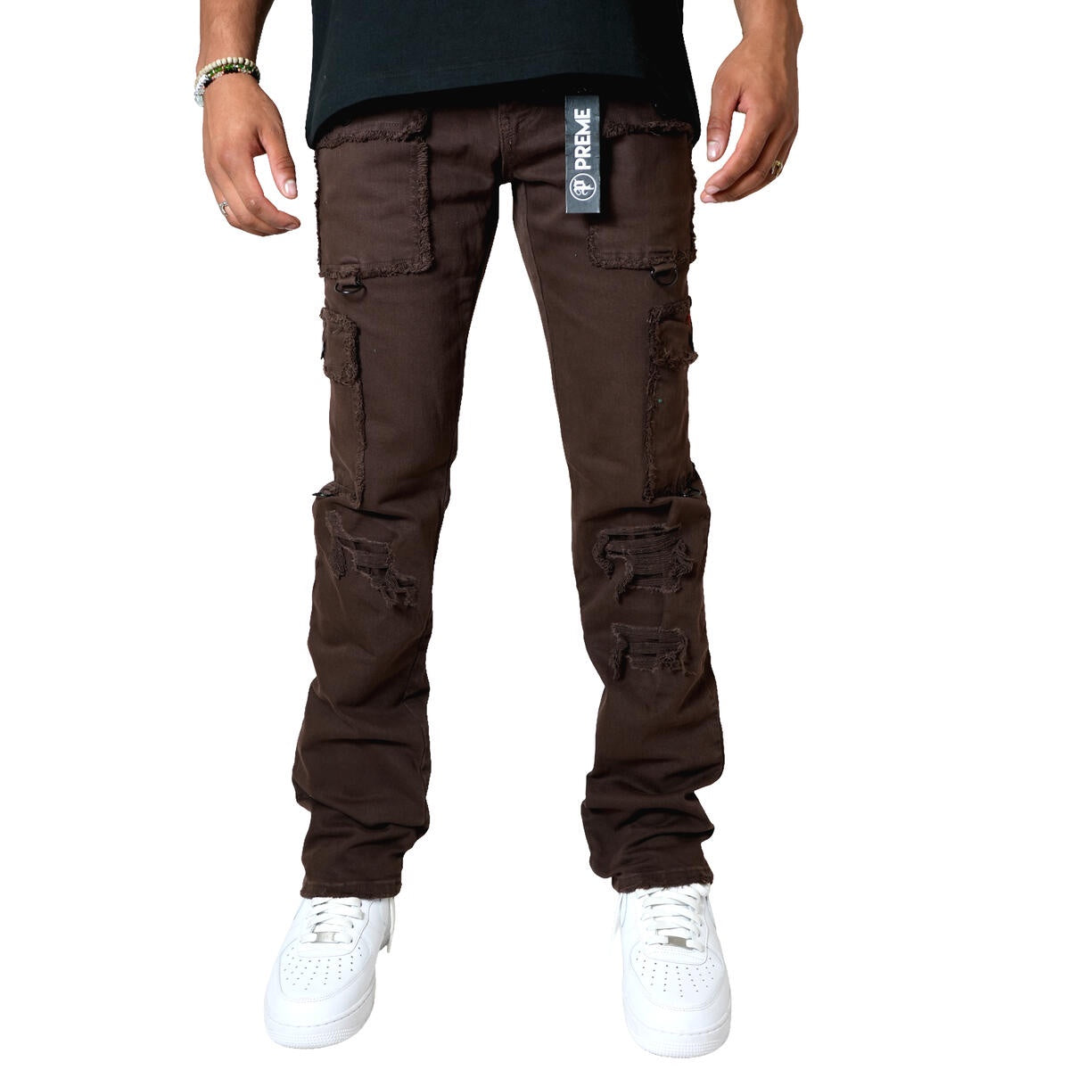 Alt text: PREME Chocolate Ripped Cargo Denim Jeans (PR-WB-1285) - Trendy and stylish denim with cargo pockets and distressed detailing