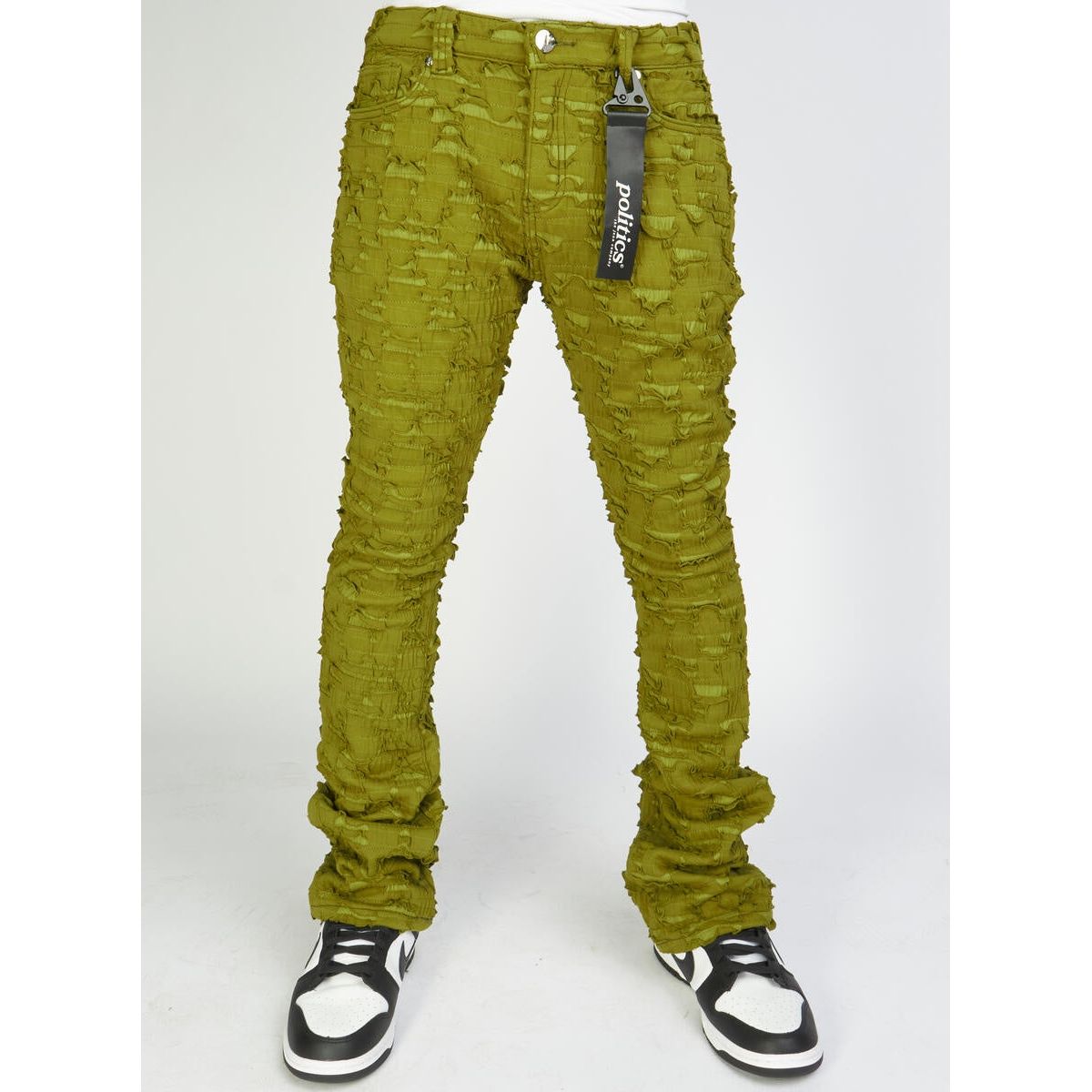 PLTKS Olive Shredded Stacked Flare (Lucas502) - trendy and stylish denim jeans with a flared leg and shredded detailing