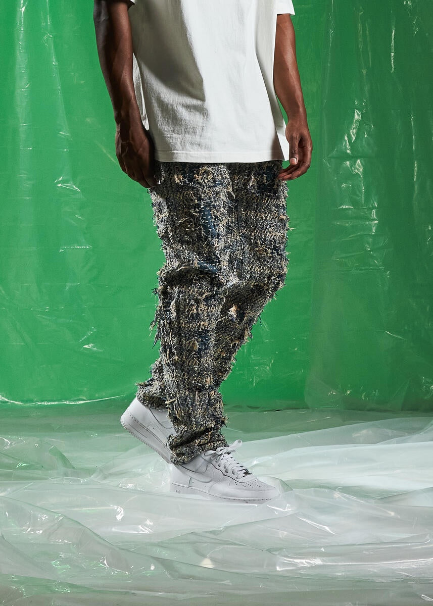 Embellish Blue Salvage Denim Jeans with distressed details and embroidery