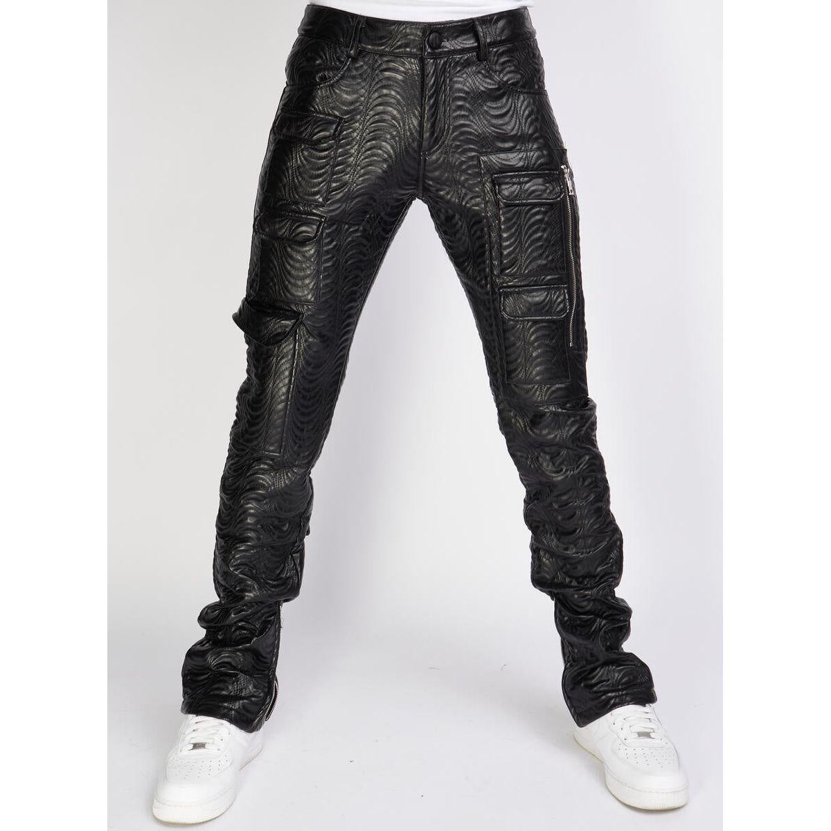 PLTKS Cargo PU Leather Stacked Black Jeans (Murphy551) – trendy and stylish men's fashion denim with unique leather accents and stacked design