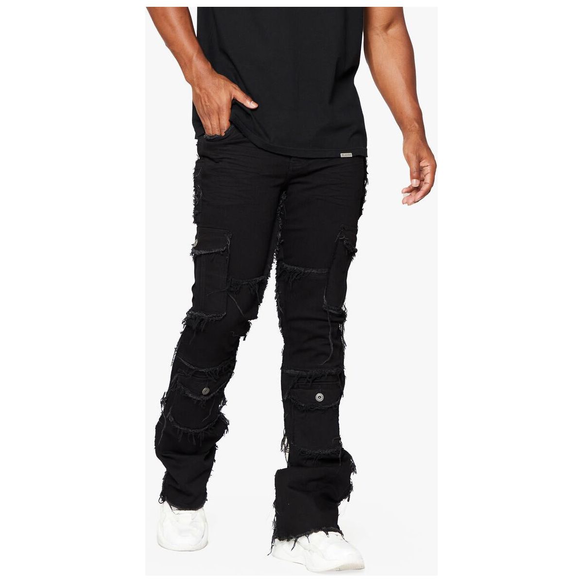 Valabasas Aegerine Jet Black Stacked Flare Denim with distressed detailing and frayed hem