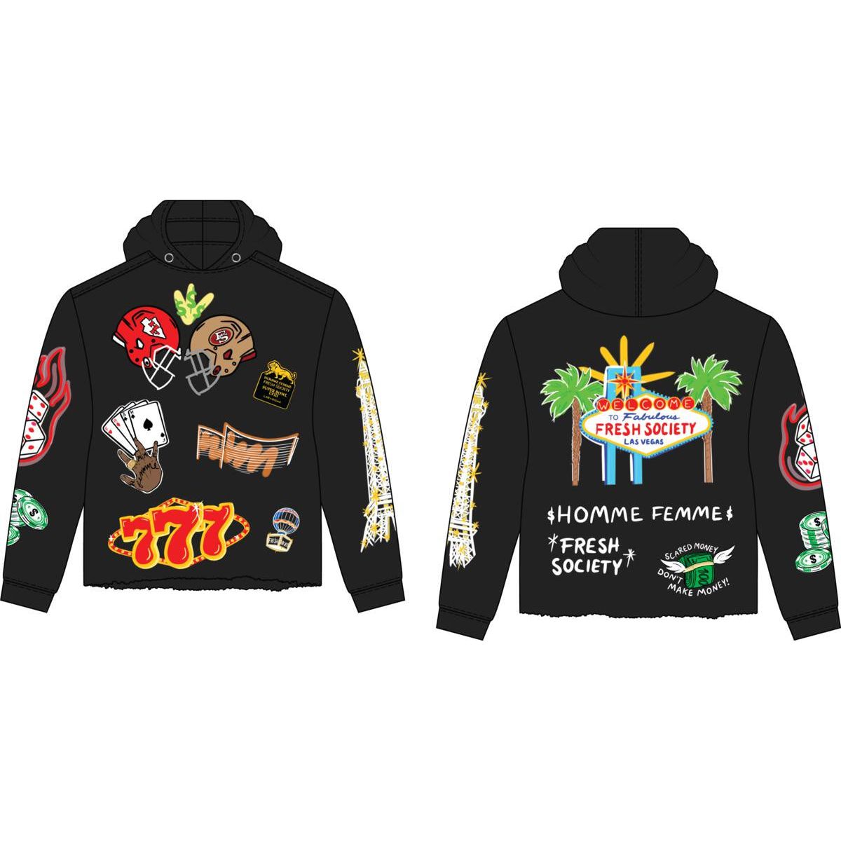 Side view of the Homme + Femme Superbowl Hoodie in Black, showcasing the oversized fit and kangaroo pocket