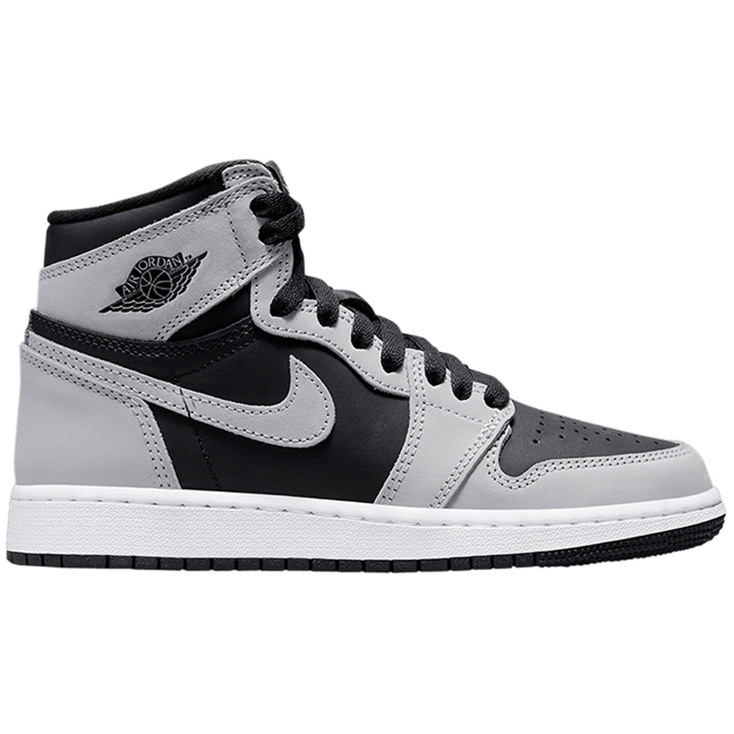 Black and grey Jordan 1 Retro High - Shadow 20 (GS) kids' sneakers with iconic Nike swoosh