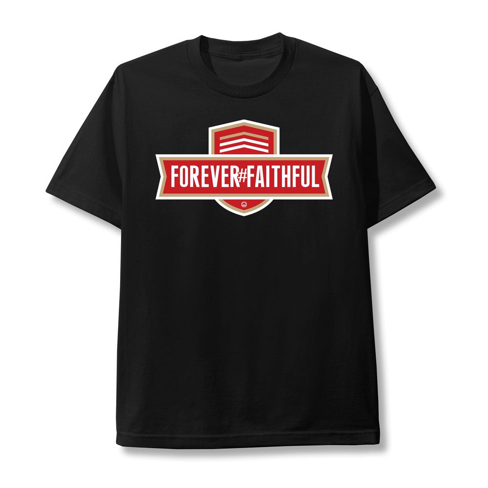 Close-up of SAVS Forever Faithful Black Tee featuring unique logo design and comfortable fabric