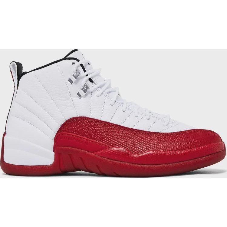 High-quality image of the Jordan 12 Retro - Cherry (2023) (CT8013-116) sneakers, featuring a white and red colorway with iconic Jumpman logo on the heel