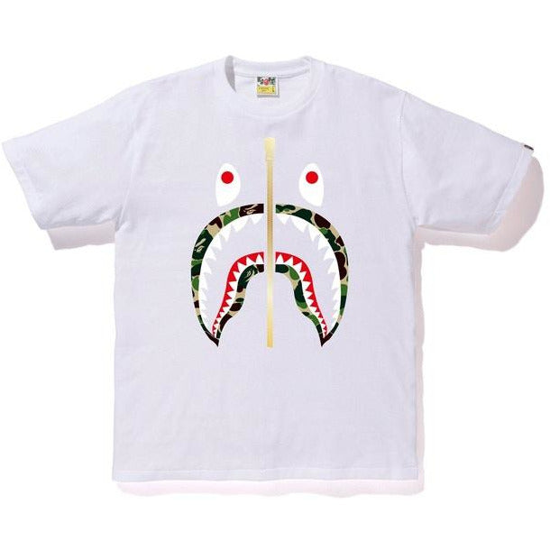 White and green BAPE ABC Gold Zip Shark Tee featuring iconic shark design and gold zipper detail