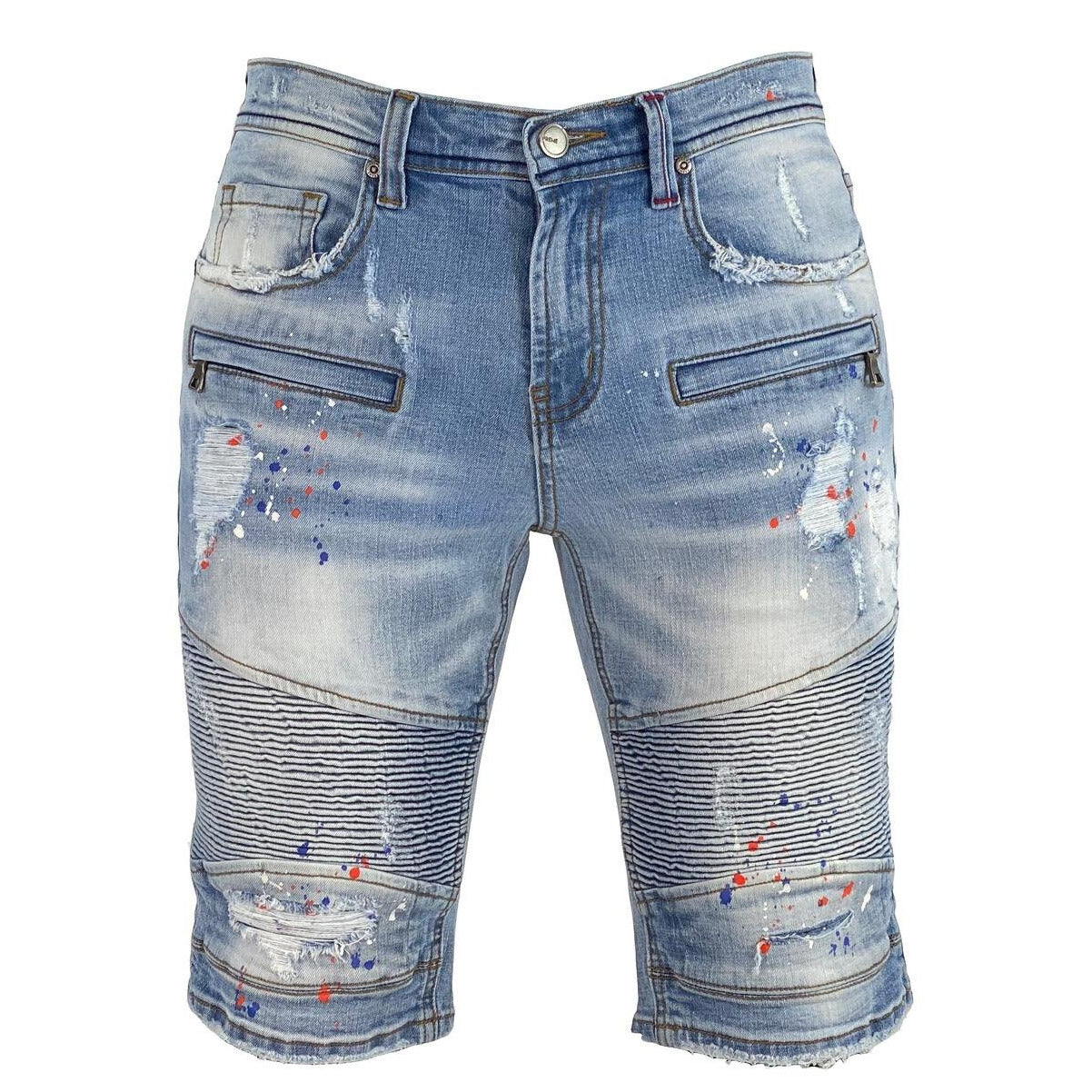 Indigo Preme Biker Denim Paint Splatter Shorts with a stylish design