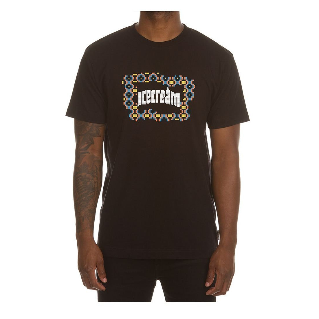 Black short-sleeve tee featuring an ice cream flag graphic design