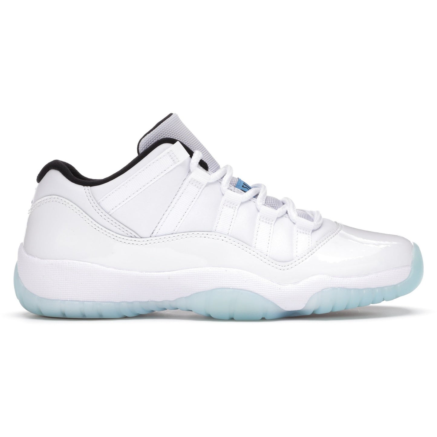 Jordan 11 Retro Low - Legend Blue (GS) basketball shoes for kids, featuring iconic patent leather design and icy blue outsole