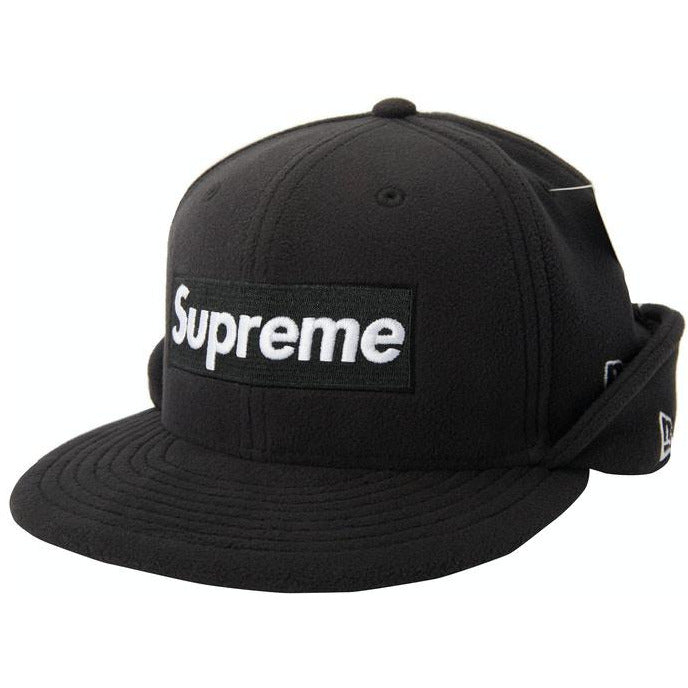 Black Supreme Polartec Ear Flap New Era hat, size 7 1/8, with warm ear flaps and stylish design