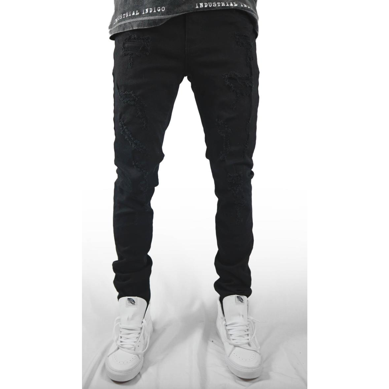 Industrial indigo black denim jeans with stylish tears, featuring a modern distressed design, style ITN-WB-060
