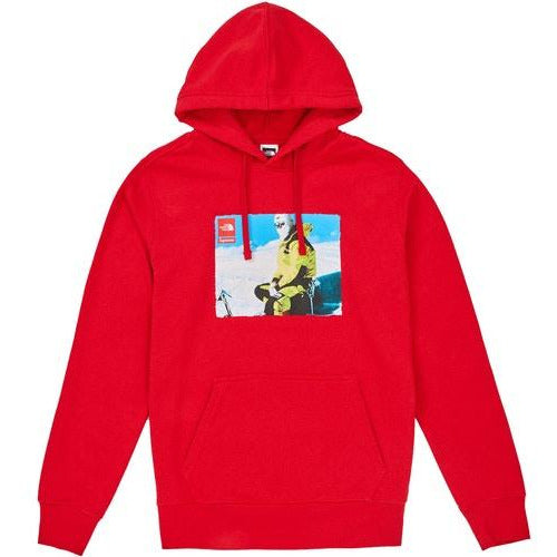 Red Supreme The North Face Photo Hooded Sweatshirt featuring iconic brand logos and vibrant color