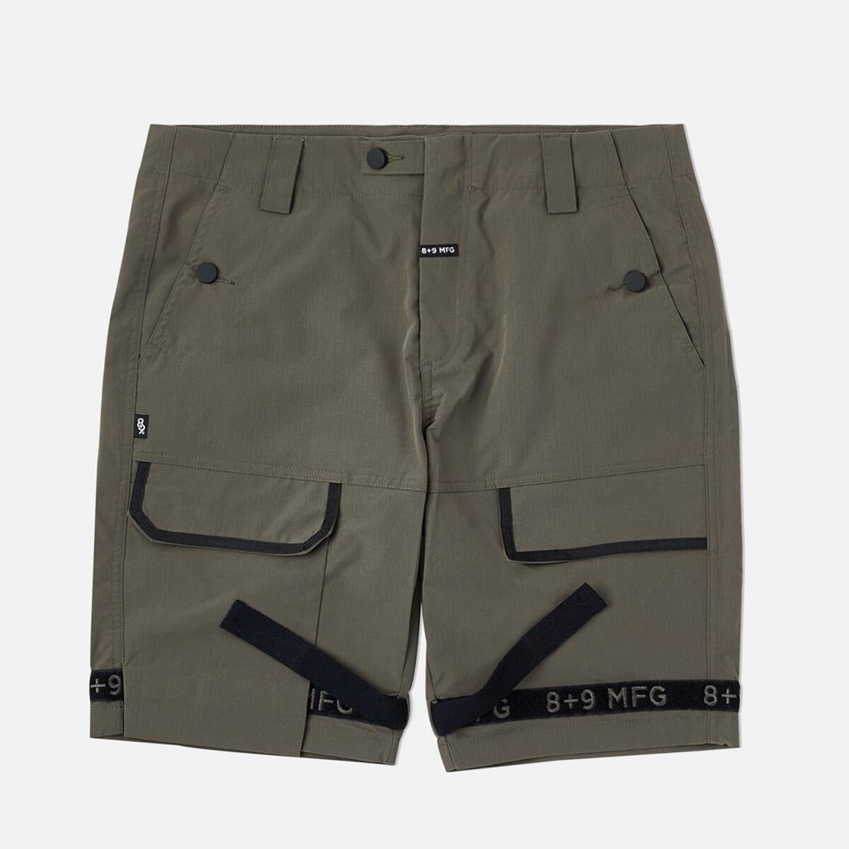 8&9 Olive Strapped Up Rip Stop Shorts (SHRIPOLI) with adjustable straps and durable rip stop fabric