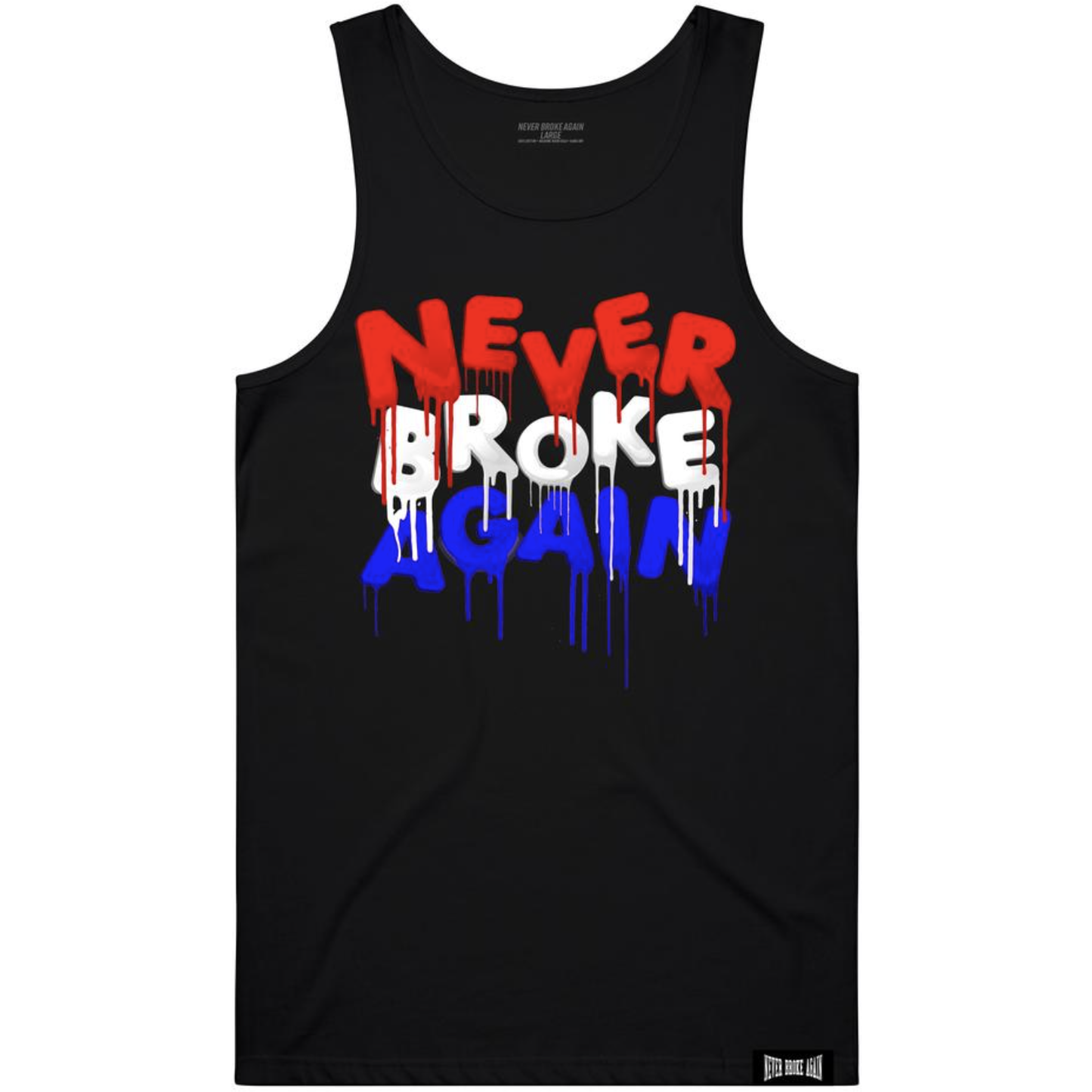 Never Broke Again 4th of July DRIP Black Tank Top with patriotic design perfect for celebrating Independence Day