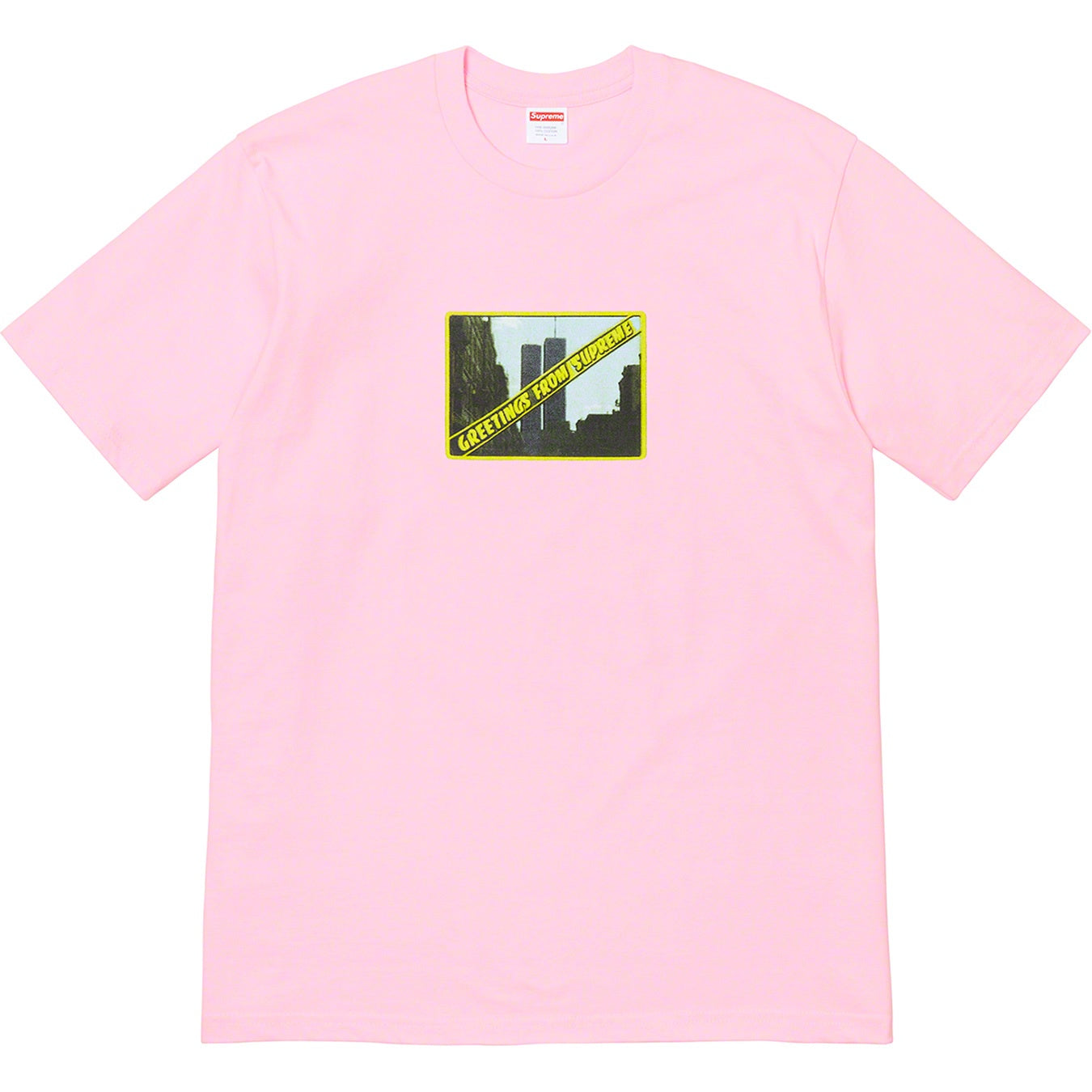 Stylish pink Supreme Greetings from NY Tee showcasing New York skyline