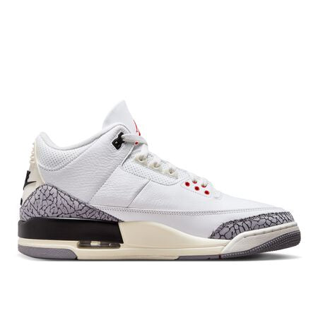 Close-up image of the Jordan 3 Retro - White Cement Reimagined (DN3707-100) sneaker, showcasing its classic white and gray colorway and iconic elephant print detailing