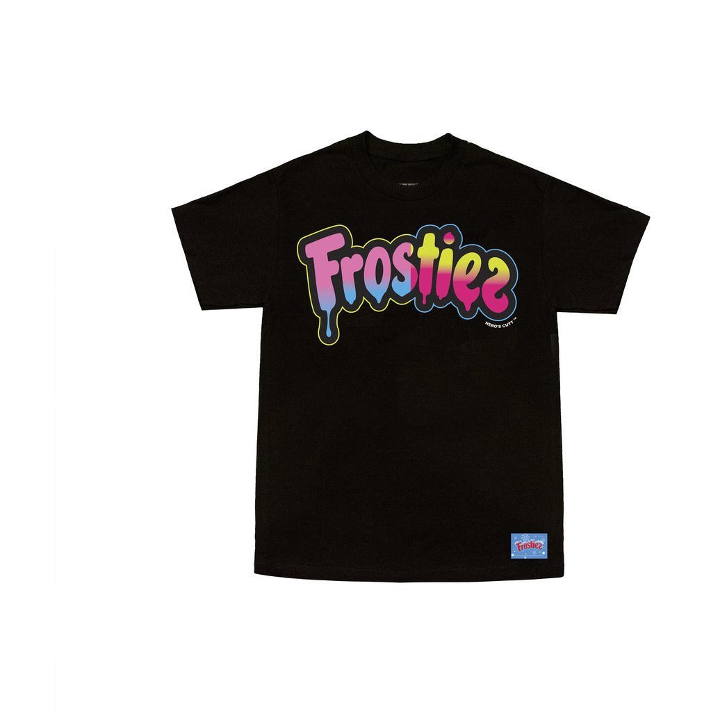 Close-up image of Frostiez Melted Multi Color Black Tee, showcasing vibrant, melting color design on soft, high-quality fabric
