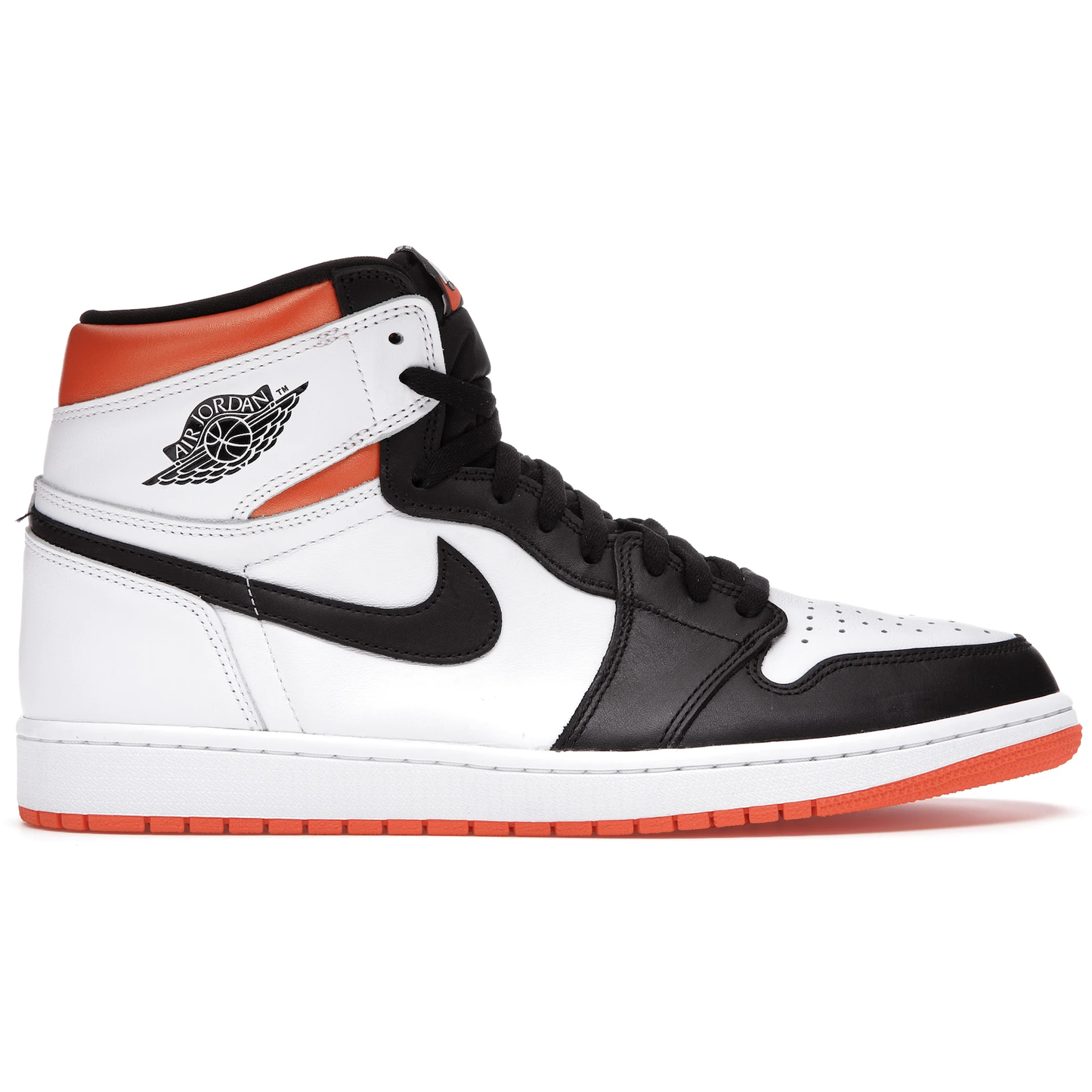 A close-up image of the Jordan 1 Retro High - Electro Orange sneakers, featuring a vibrant orange and white colorway with the iconic Nike swoosh logo on the side