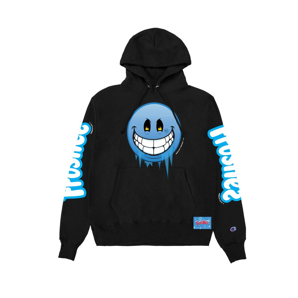 Black hoodie with Frostiez Face Emoji design, featuring a frosty, cool expression