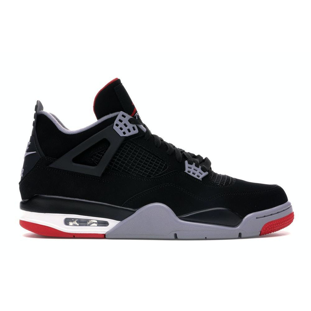 Black and red Jordan 4 Retro Bred 2019 sneakers with iconic Jumpman logo on heel