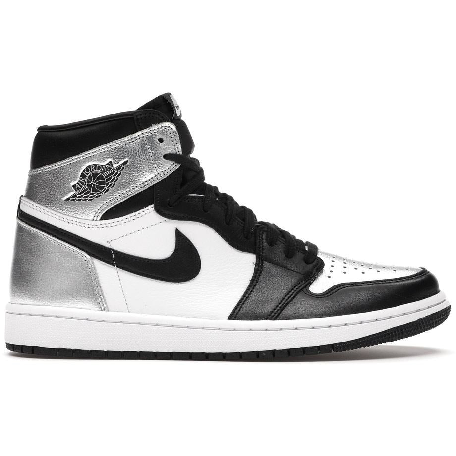 Jordan 1 Retro High - Silver Toe (W) women's basketball sneakers with metallic silver accents and iconic Air Jordan branding on a white background