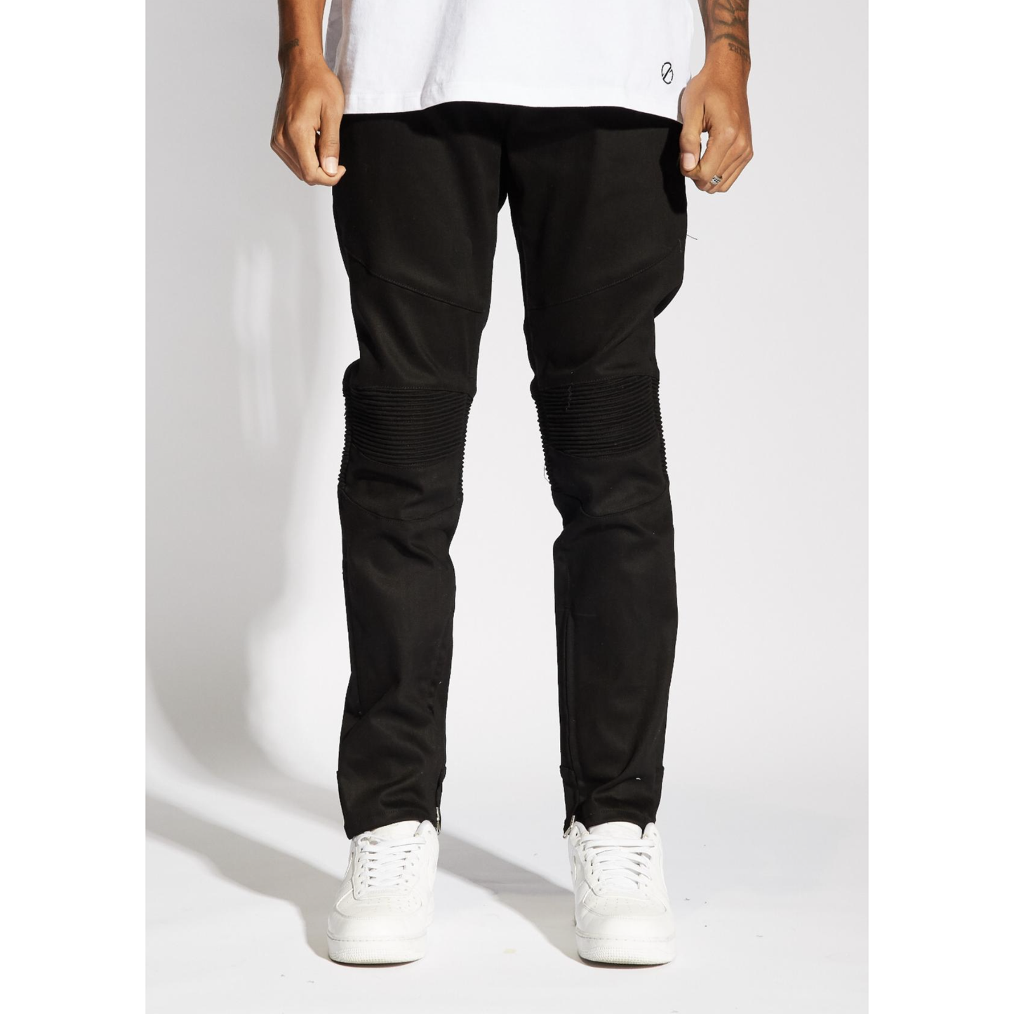 High-quality Crysp Denim Jet Black Pacific Denim Biker Jeans (CRYSU219-107) for men, featuring stylish design and durable construction