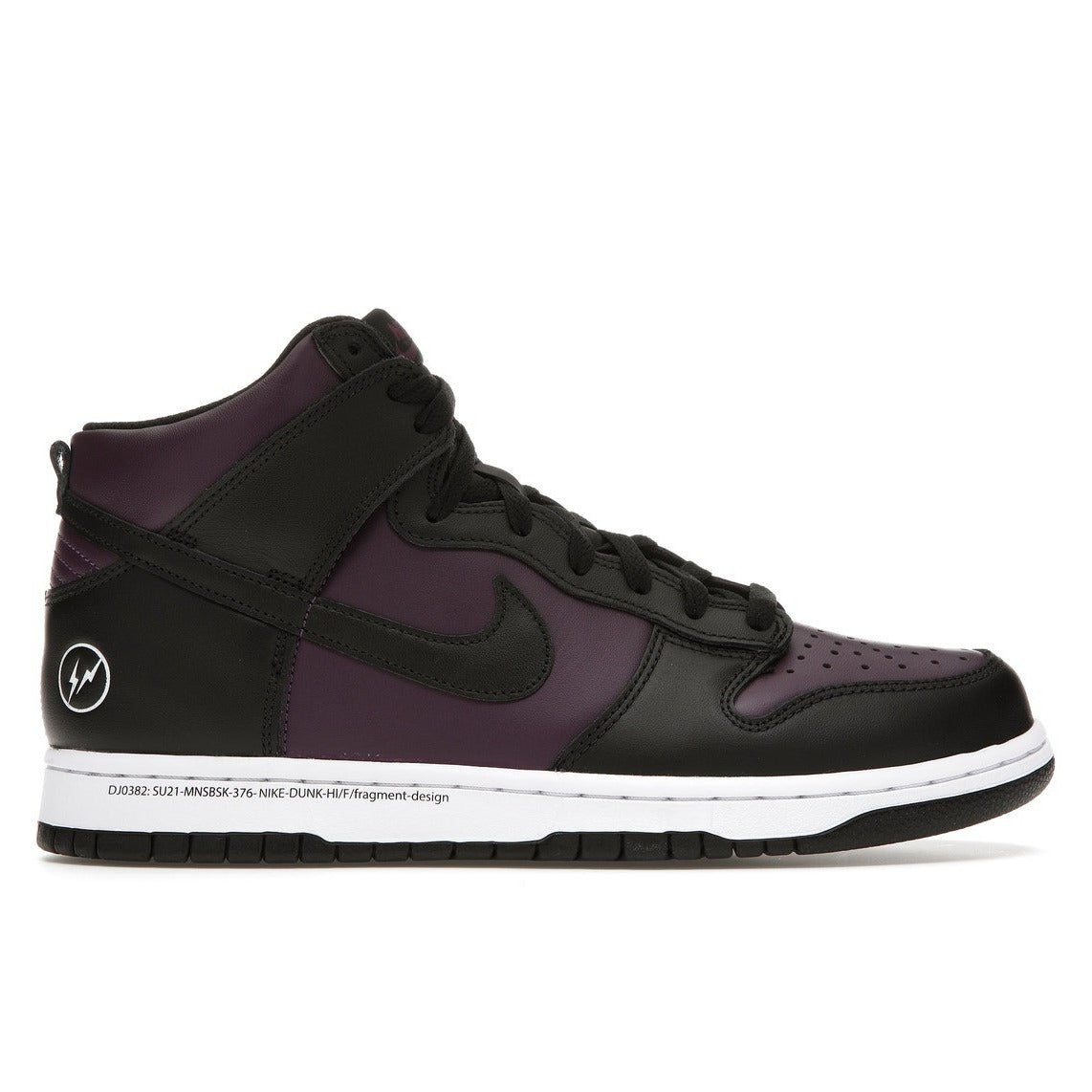 Black and white Nike Dunk High - Fragment Beijing (2021) sneakers on display