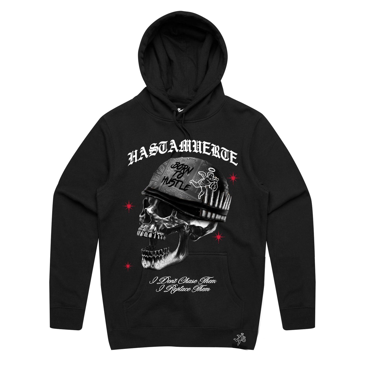 Black heavyweight hoodie with 'War' design from Hasta Muerte, perfect for casual wear or workouts